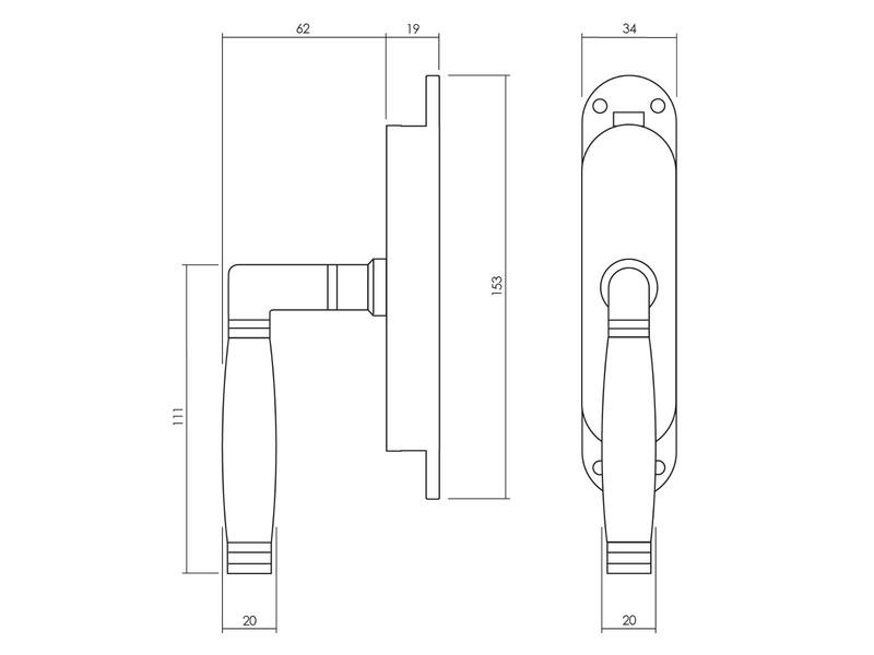 Intersteel Kruk-espagnolet rechts Ton 222 met stangenset 2x 1250 mm messing ongelakt /ebbenhout