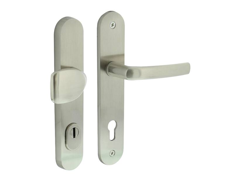Intersteel Voordeurbeslag ovaal greep/kruk profielcilindergat 92 mm met kerntrekbeveiliging nikkel mat