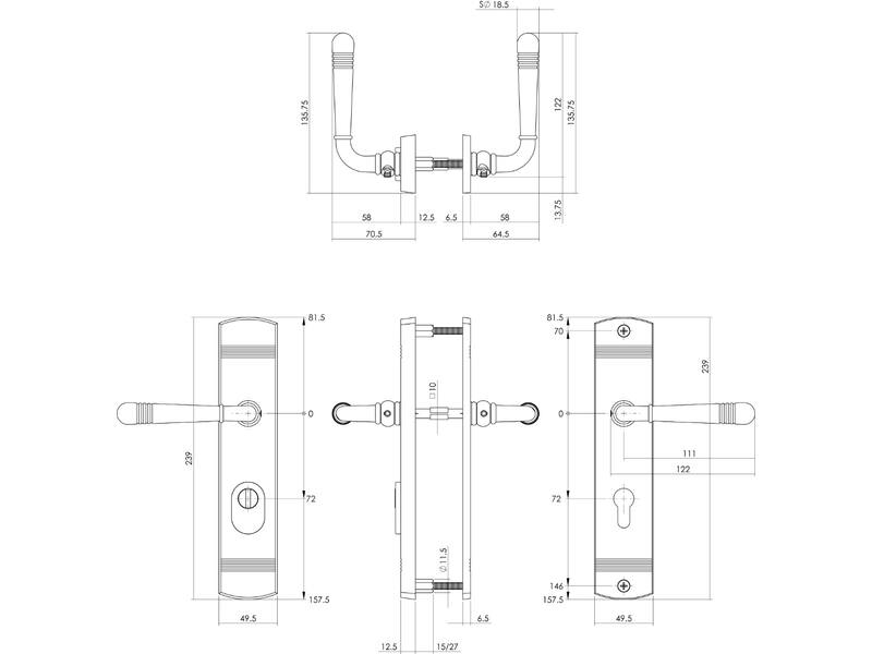 Intersteel Achterdeurbeslag Helena kruk/kruk profielcilindergat 72 mm met kerntrekbeveiliging zwart
