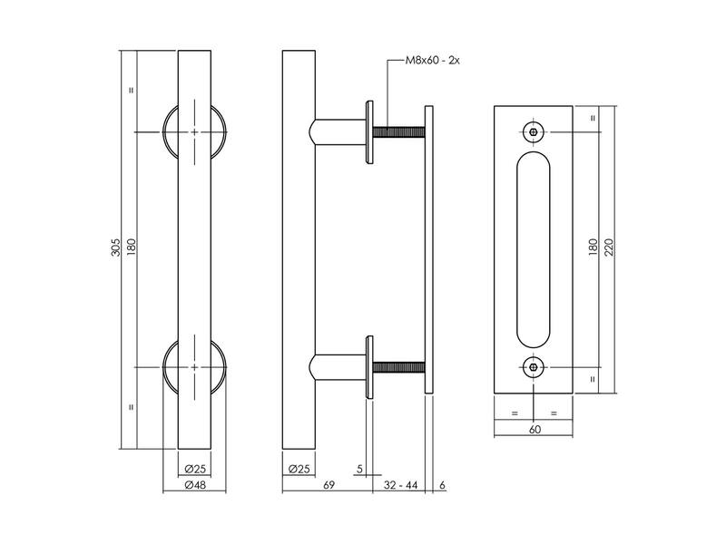 Intersteel Deurgreep T-model 25x305 mm met schuifdeurkom 220x60 mm zwart