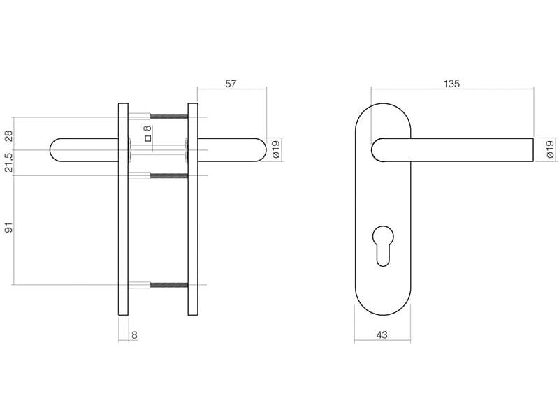 Intersteel Deurkruk Hoek 90° brandvertragend 9mm op kortschild profielcilindergat 72 mm rvs