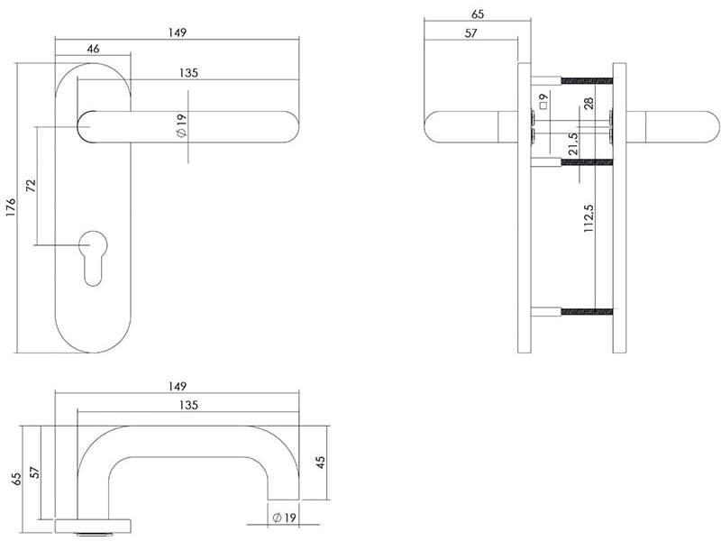 Intersteel Deurkruk Rond brandvertragend 9mm op kortschild profielcilindergat 72 mm rvs