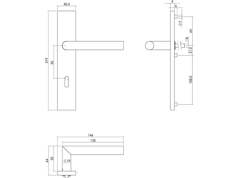 Intersteel Deurkruk Hoek 90° op rechthoekig schild sleutelgat 56 mm rvs geborsteld