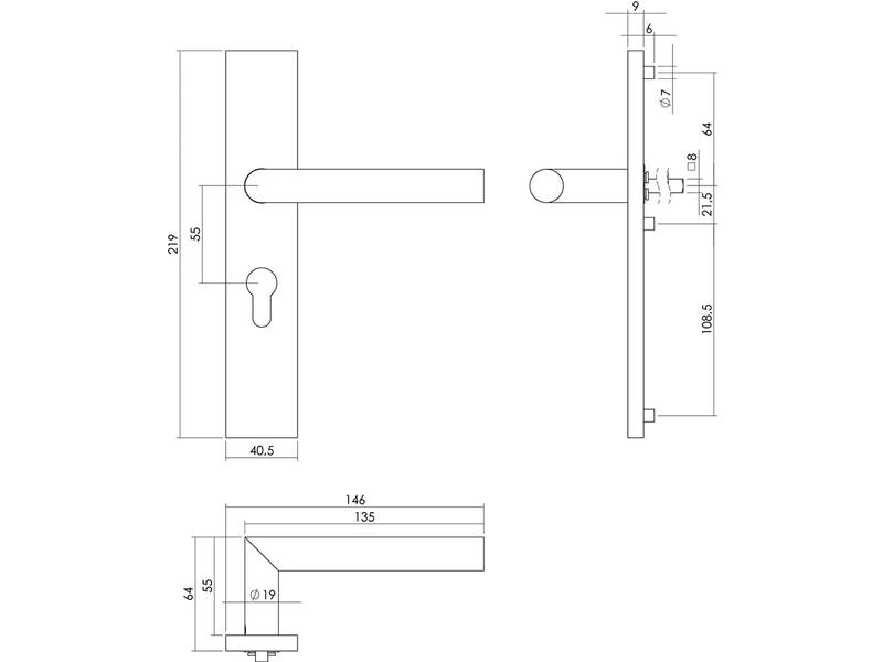 Intersteel Deurkruk Hoek 90° op rechthoekig schild profielcilindergat 55 mm rvs geborsteld