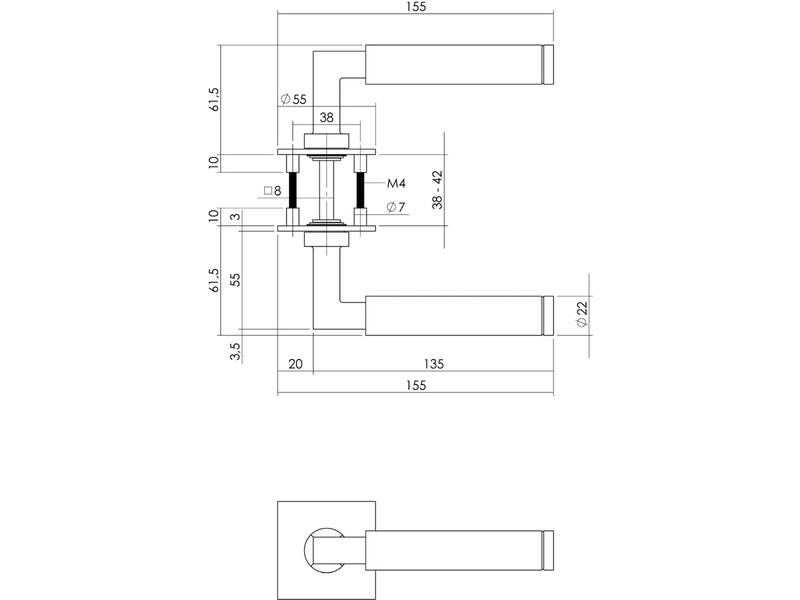 Intersteel Deurkruk Bau-stil op vierkant magneet rozet rvs geborsteld