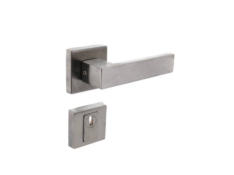 Intersteel Set achterdeurbeslag Amsterdam op vierkante massieve rozet SKG*** met kerntrekbeveiliging rvs geborsteld