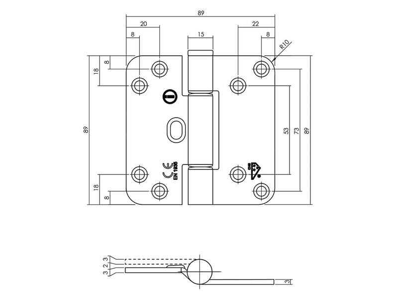 Intersteel Glijlagerscharnier 89 x 89 x 3 mm DIN rechts/links rvs geborsteld