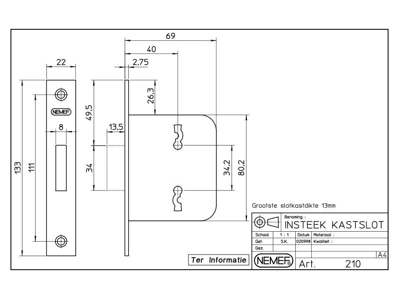 Nemef Insteek kastdeurslot 210-40mm klavier Wit, links en rechts te gebruiken