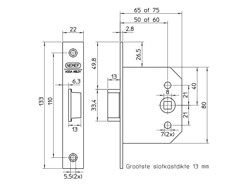 Nemef Insteek Loopslot IJzer gegalvaniseerd voorplaat 22x133mm 55 Doormaat 50mm