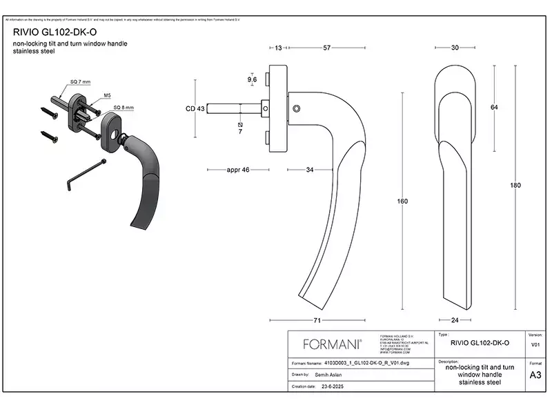 Draaikiep raamkruk Mat zwart PVD Formani Gensler Rivio GL102-DK-O links