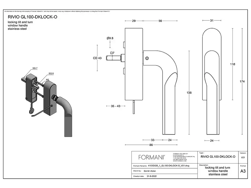 Draaikiep raamkruk RVS Formani Gensler Rivio GL100-DKLOCK-O links