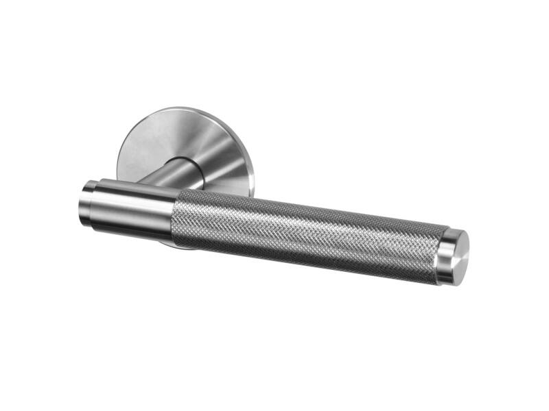 Deurkruk Cross RVS diamond-cut op ronde verende rozet 145mm