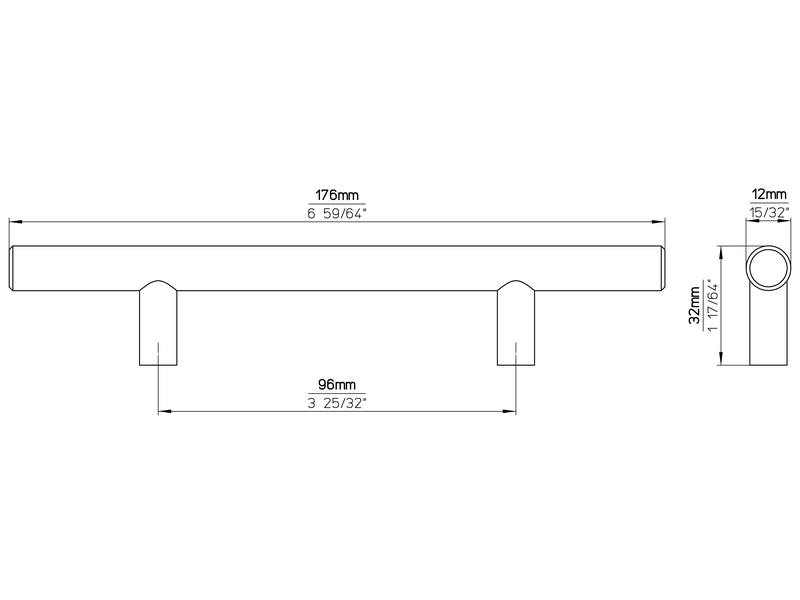 Meubelgreep RVS T-model 96mm 176x12x32mm