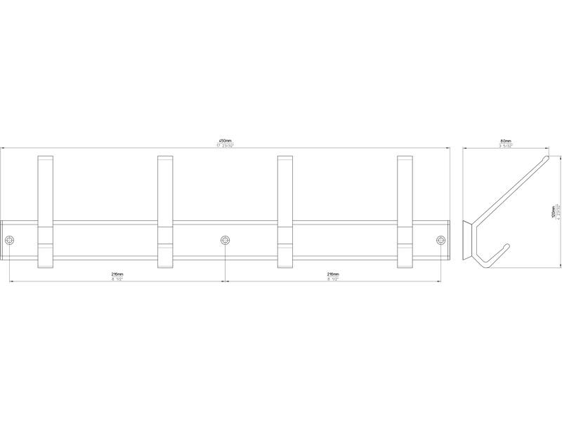 Kapstokrek aluminium 450mm met 5 haken 450x120x80mm