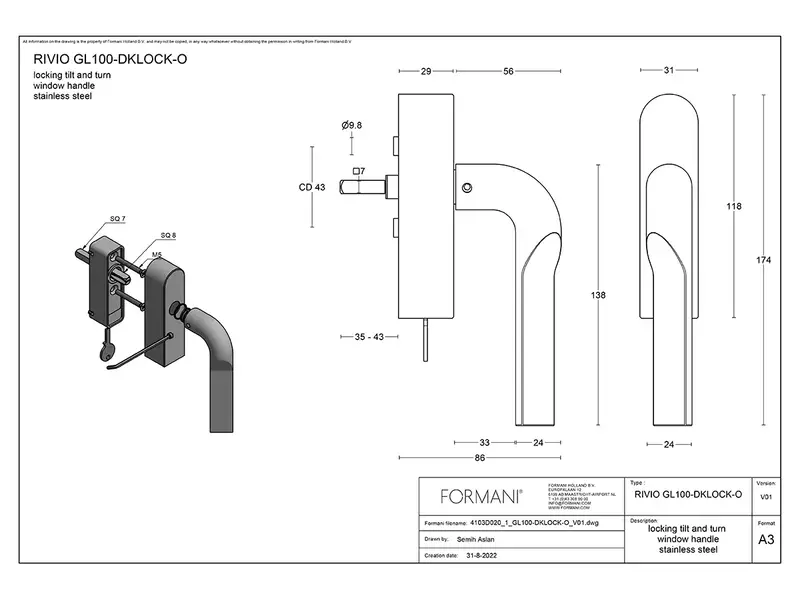 Draaikiep raamkruk Champagne PVD Gensler Rivio GL100-DKLOCK-O links