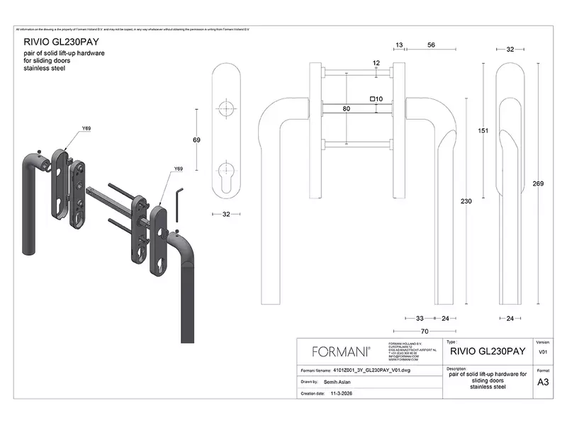 Hefschuifdeurbeslag Champagne PVD Gensler Rivio GL230PAY PC69