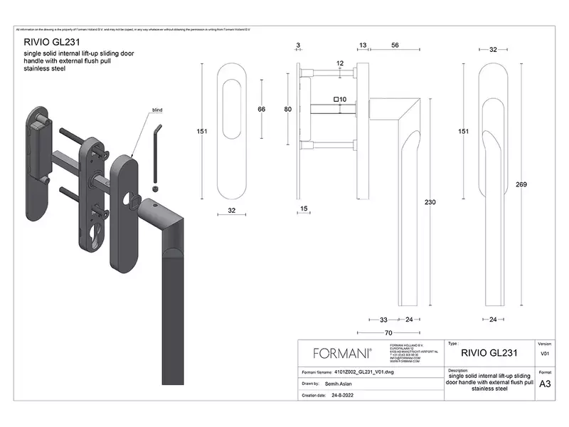 Hefschuifdeurbeslag Champagne PVD Gensler Rivio GL231 Blind