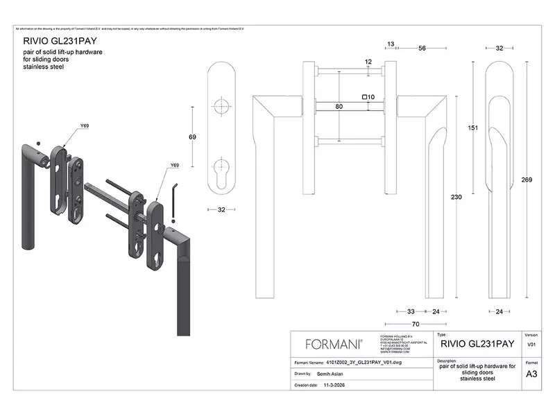Hefschuifdeurbeslag Champagne PVD Gensler Rivio GL231PAY PC69