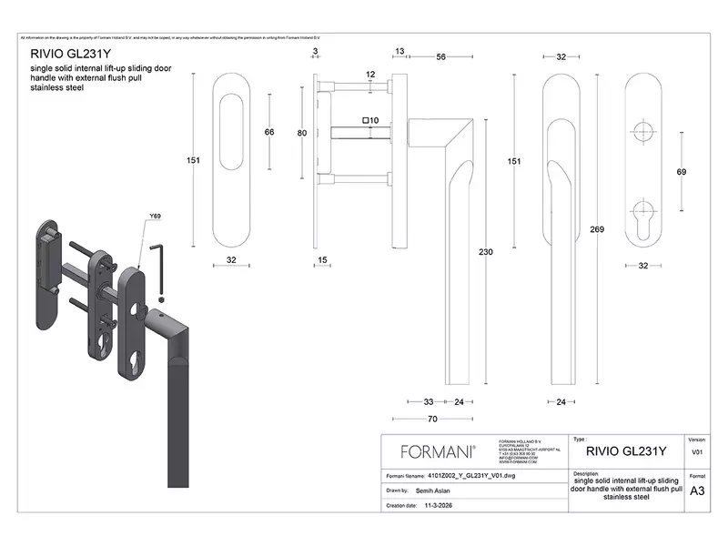 Hefschuifdeurbeslag Champagne PVD Gensler Rivio GL231Y PC69
