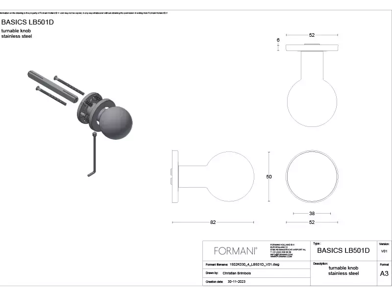 Voordeurknop RVS Rond 50 mm Draaibaar op Rozet – LB501D