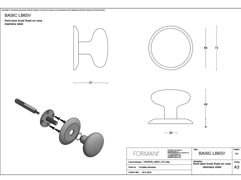 Voordeurknop Gunmetal PVD Rond 65 mm Vast op Rozet – LB65V