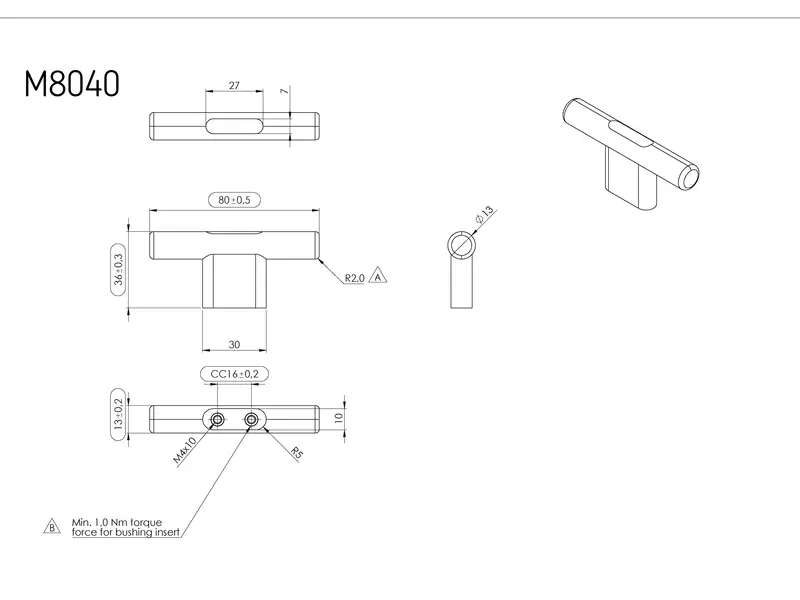 Meubelknop Eiken  T-greep Join 80mm
