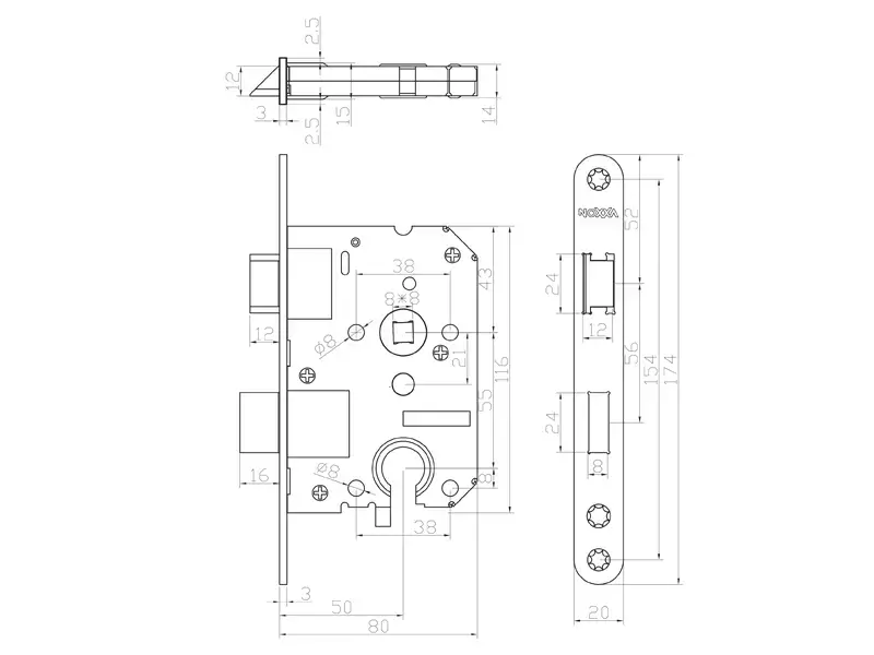 Insteek dag- en nacht cilinderslot PC55 RVS doornmaat 50 1200 serie, 174x20mm, hoogwaardig slot