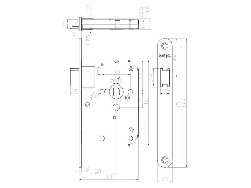 Insteek loopslot Zwart doornmaat 50, 1200 serie 174x20mm, hoogwaardig slot