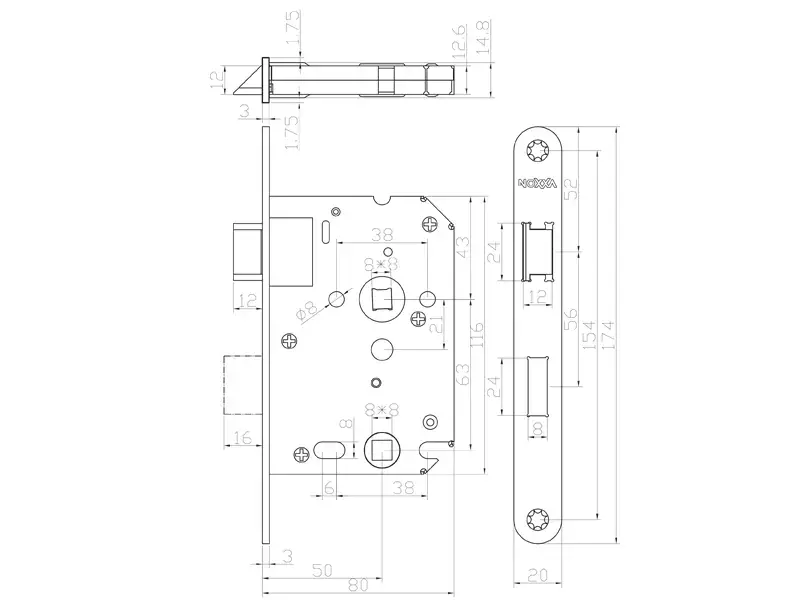 Insteek wc-badkamerslot WC63 RVS doornmaat 50, 1200 serie 174x20mm, hoogwaardig slot