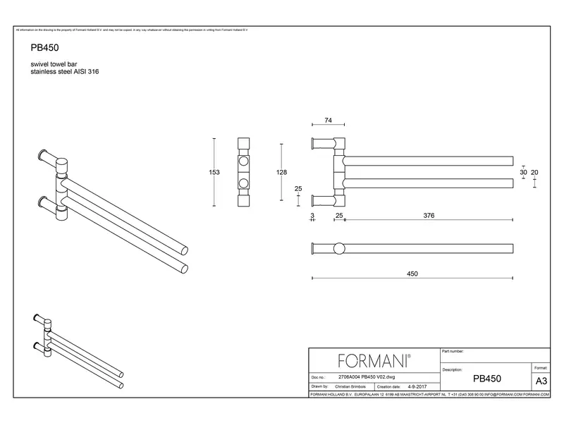 Draaibare handdoekstang Mat zwart One Piet Boon PB450 Dubbel, 450mm