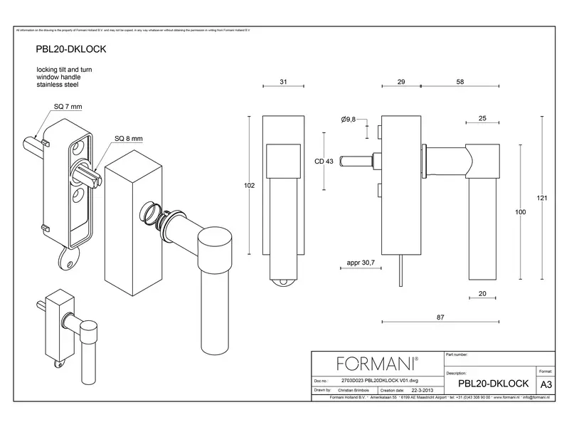 Draaikiep raamkruk RVS One Piet Boon PBL20-DKLOCK Afsluitbaar 121mm