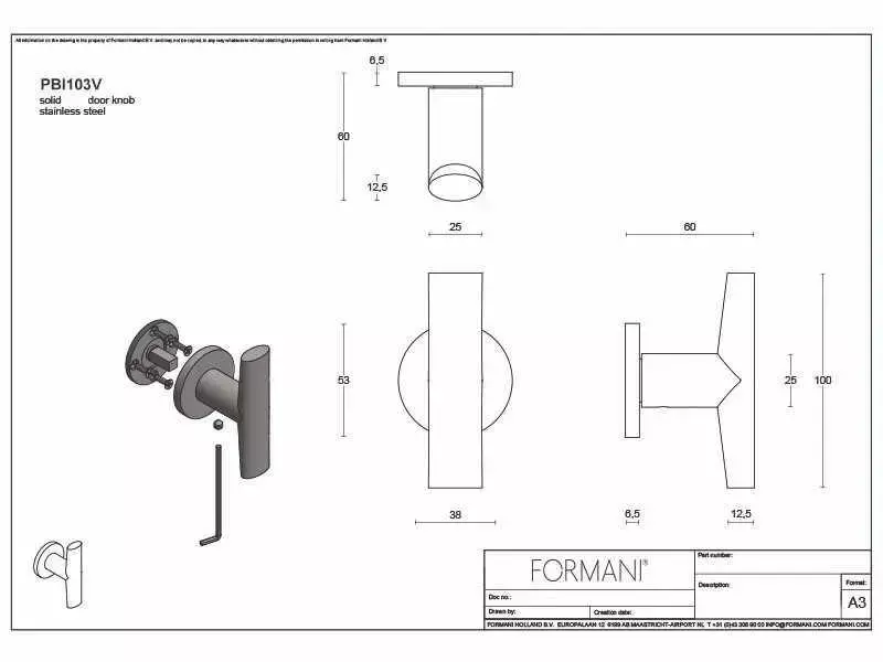 Deurknop vast op rozet RVS Inc Piet Boon PBI103V/53