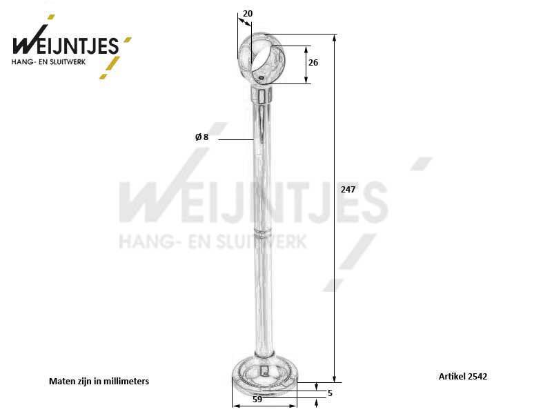 Roedesteun Messing XL lang voor roede 25 mm