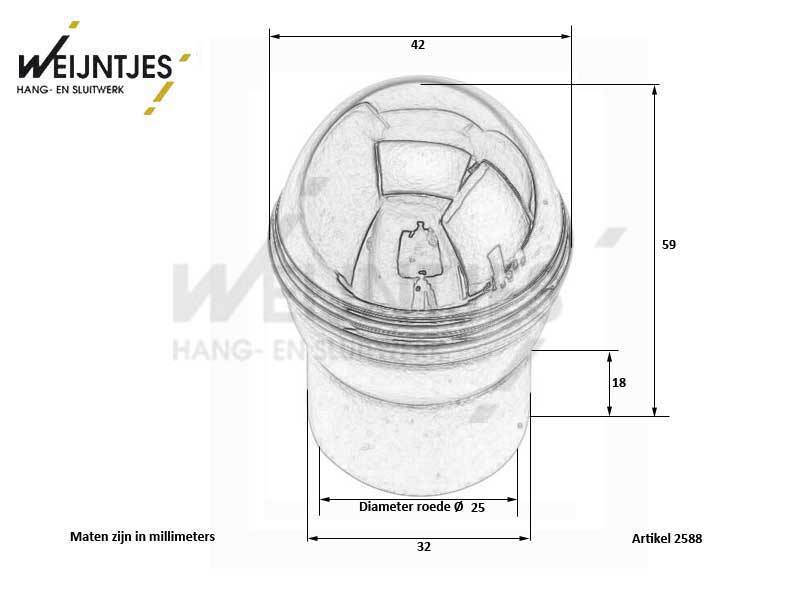 Eindknop Messing Dopril voor roede 25 mm