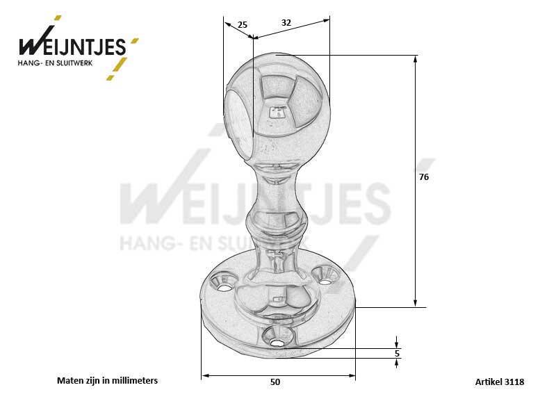 Einddrager Messing voor roede 25 mm