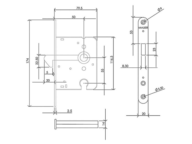 Insteek schuifdeurslot Mauer 1134 PZ PC55 RVS