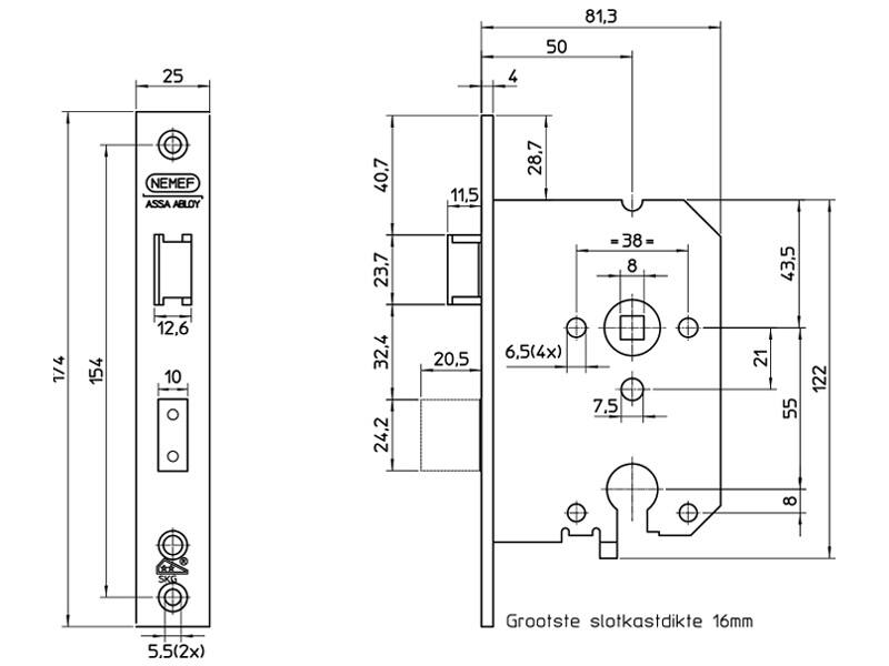 Nemef veiligheidsinsteekslot SKG2 PC55 RVS 4119/17, doornmaat 50mm 174x25mm
