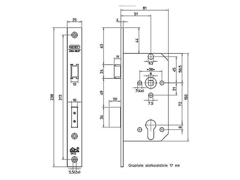 Nemef veiligheidsinsteekslot SKG2 PC72 RVS 4139/17, doornmaat 50 238x 25mm