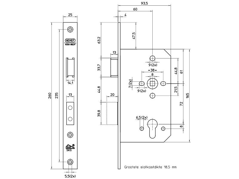 Nemef veiligheidsinsteekslot SKG2 PC72 RVS 4219/17, Din rechts doornmaat 60mm 260x 25mm