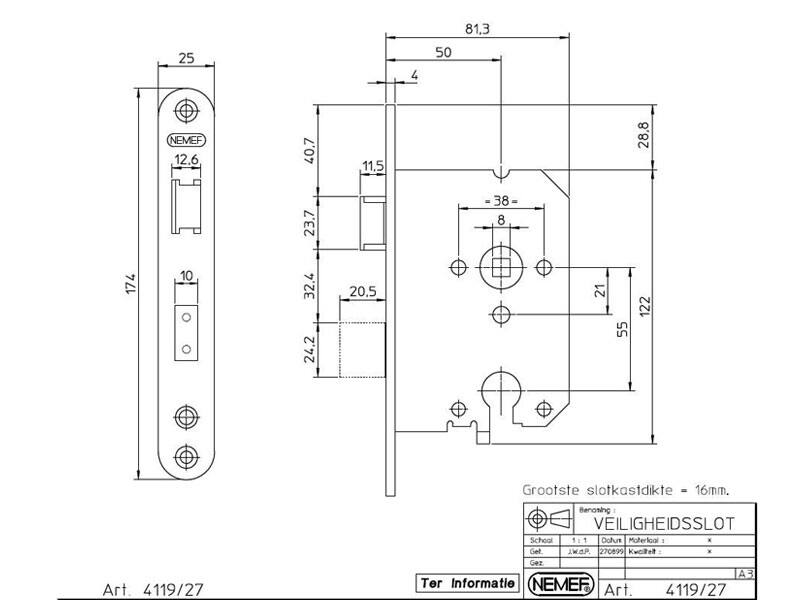 Nemef veiligheidsinsteekslot SKG2 PC55 RVS 4119/17, doornmaat 50mm 174x25mm
