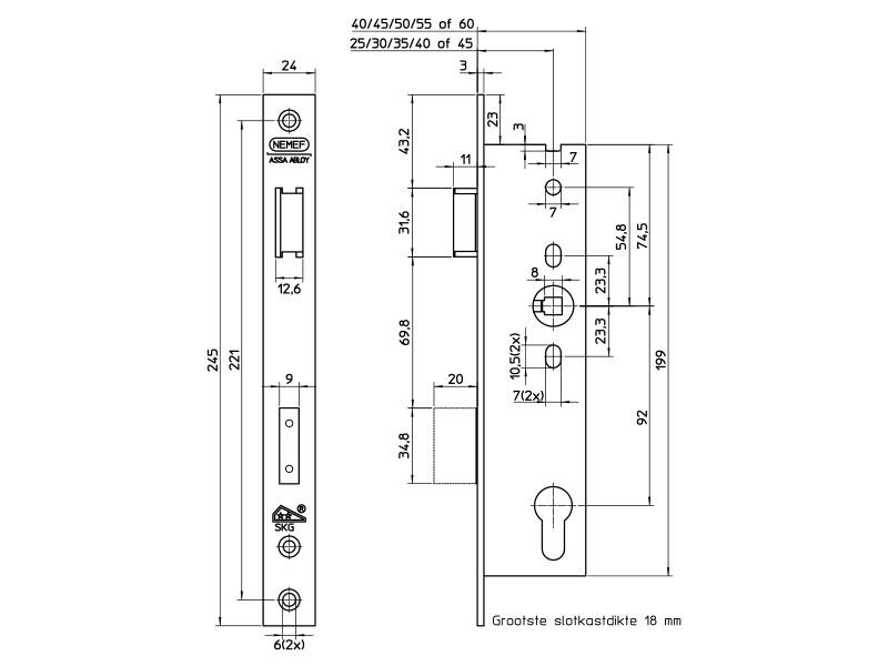 Veiligheidssmaldeurslot SKG2 PC92 RVS 4169/18-25 LS/RS Doornmaat 25