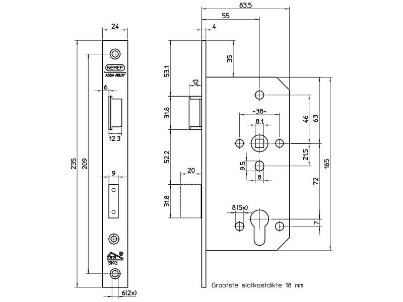 Nemef veiligheidsinsteekslot SKG2 PC72 RVS 4401/17, Din rechts doornmaat 55mm 235x 24mm