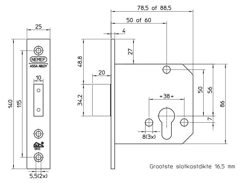 Nemef veiligheidsbijzetslot SKG2 RVS 4228/17-50 LS/RS doornmaat 60
