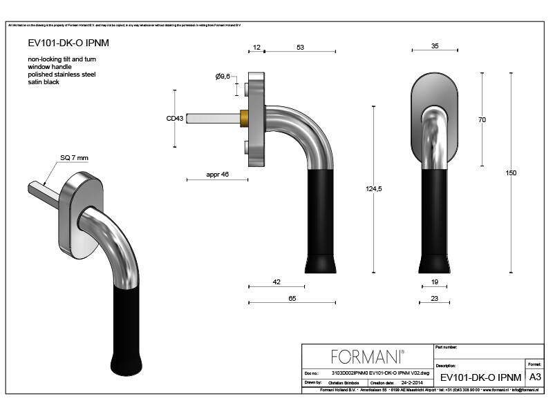 Draaikiep raamkruk RVS gepolijst/zwart Nour EV101 Edward van Vliet 150mm
