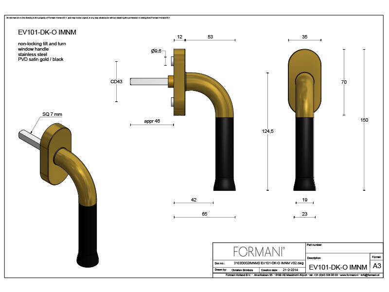 Draaikiep raamkruk Mat goud PVD/zwart Nour EV101 Edward van Vliet 150mm