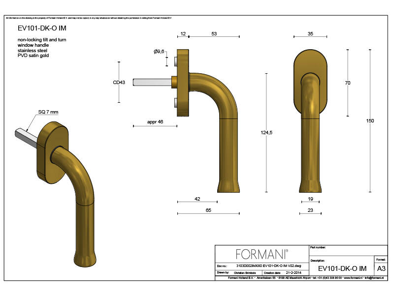 Draaikiep raamkruk Mat goud PVD Nour EV101 geen logo Edward van Vliet 150mm
