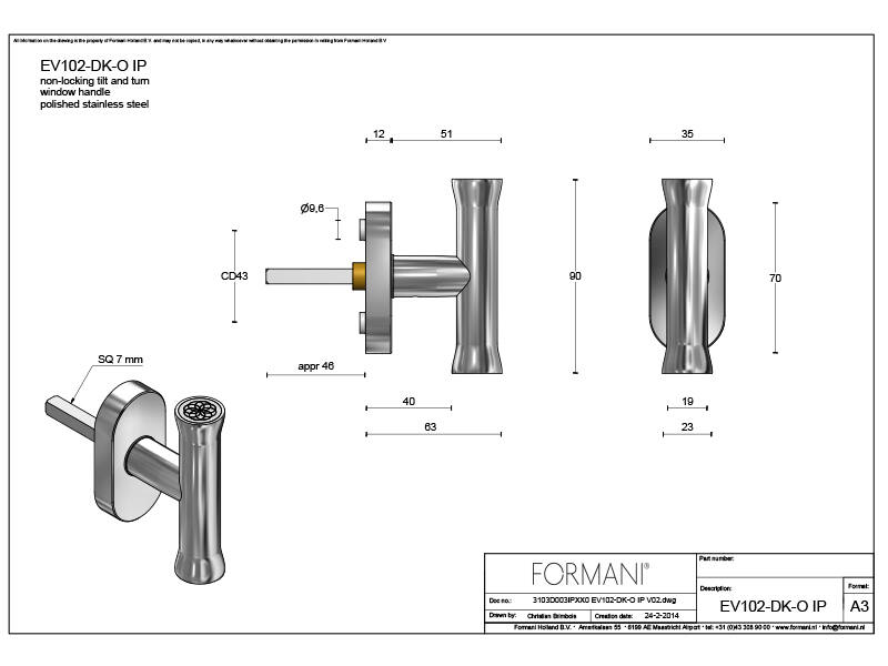 Draaikiep raamkruk RVS gepolijst Nour EV102 T-model Edward van Vliet 90mm