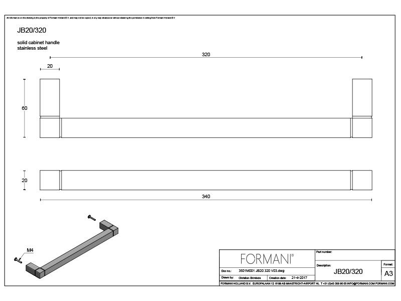 Meubelgreep Zwart Square Jan des Bouvrie JB20/320 h.o.h. 320mm. Lengte 340mm