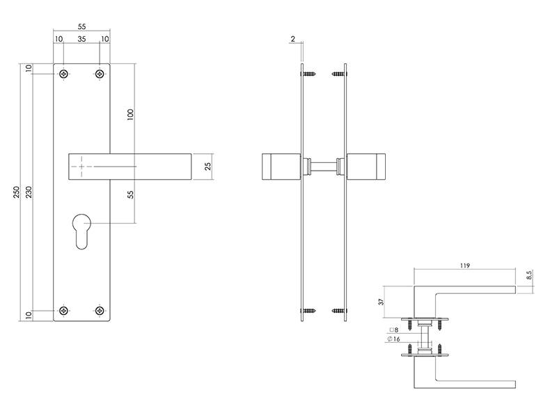 Intersteel Deurkruk Zwart Amsterdam op schild 250x55x2mm PC55