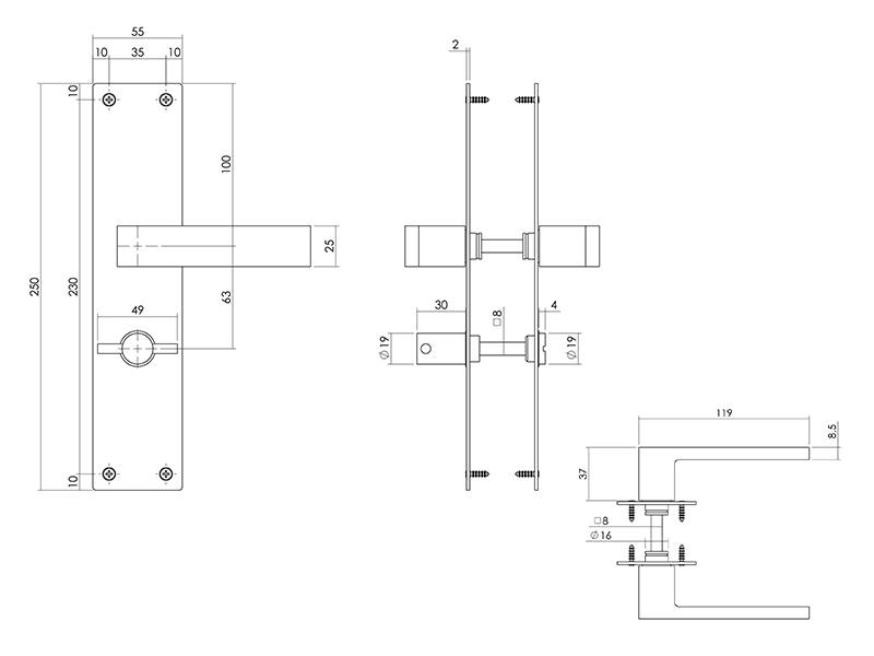 Intersteel Deurkruk Zwart Amsterdam op schild 250x55x2mm WC63 8mm stift